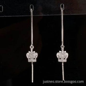 Sterling silver earrings, long box chain earrings thread w/cubic zircons mount crown charm pendantNew